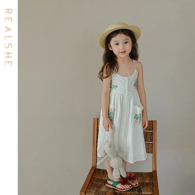 

New 2023 Summer Kids Girls Dress Kids Clothes Sweet Baby Girl Princess Dress Suspender Flower Embroidery Girl Dresses