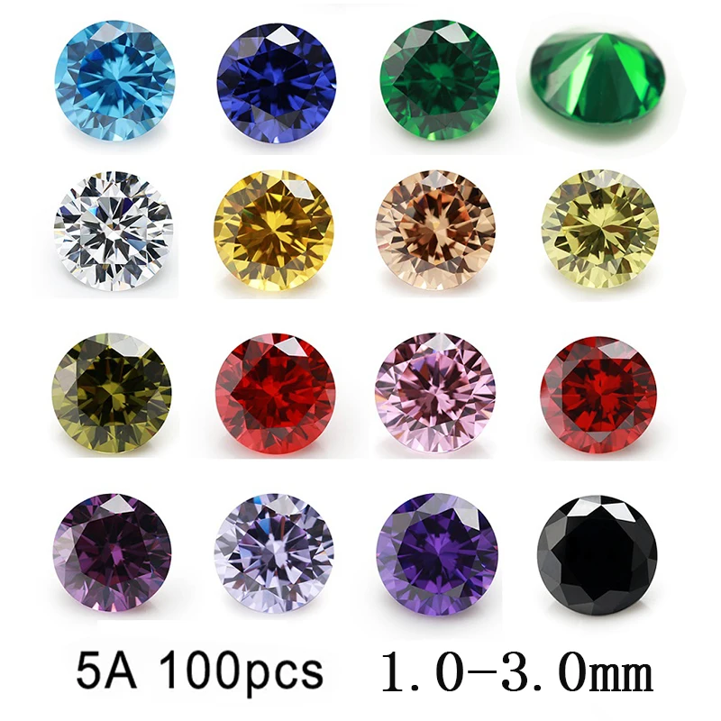 100pcs 1mm 2mm 3mm (1~3mm) AAAAA Round Cubic Zirconia Stone Loose White Golden Yellow Voilet Olive Green Black Pink Tanzanite