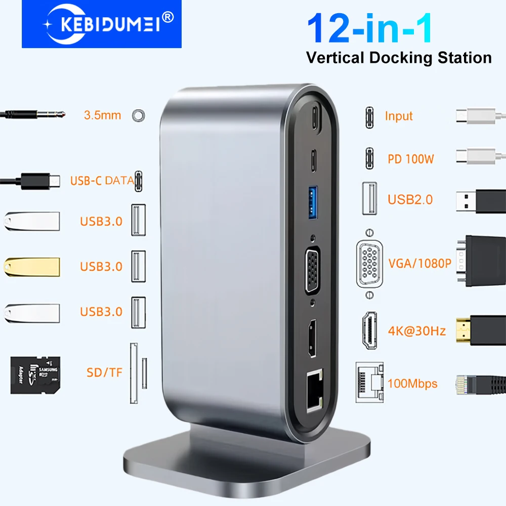 Фото Вертикальная док-станция 12-в-1, USB-концентратор типа C, разветвитель HDMI 4K30 Гц/LAN 100M/USB3.0, 5 Гбит/с/VGA 1080P/PD100W для ноутбука MacBook №1