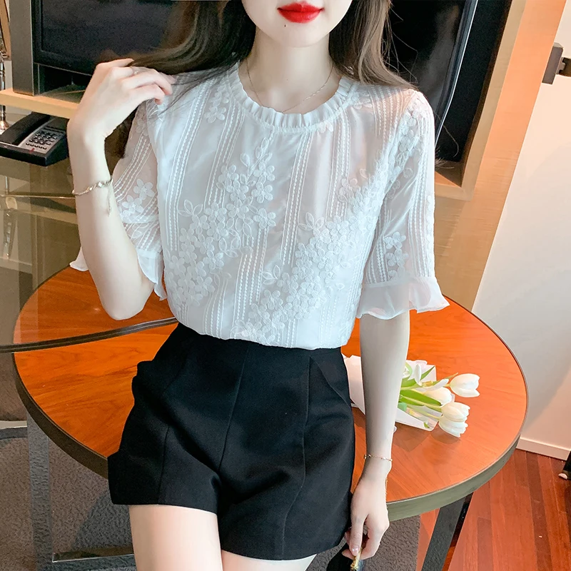 

New elegant ladies chiffon shirts Fashion Women's Blouses 2023 Spring Summer short Sleeve Shirts Tops Blusas Mujer