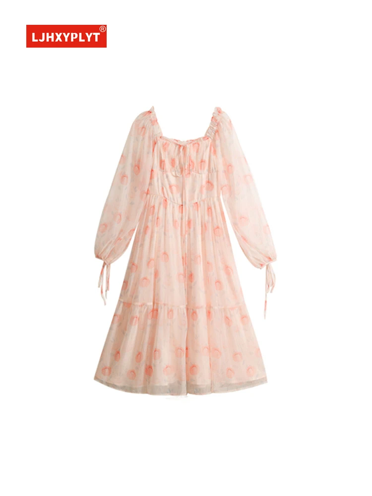 Женское платье-трапеция с длинным рукавом розовое Цветочное платье средней