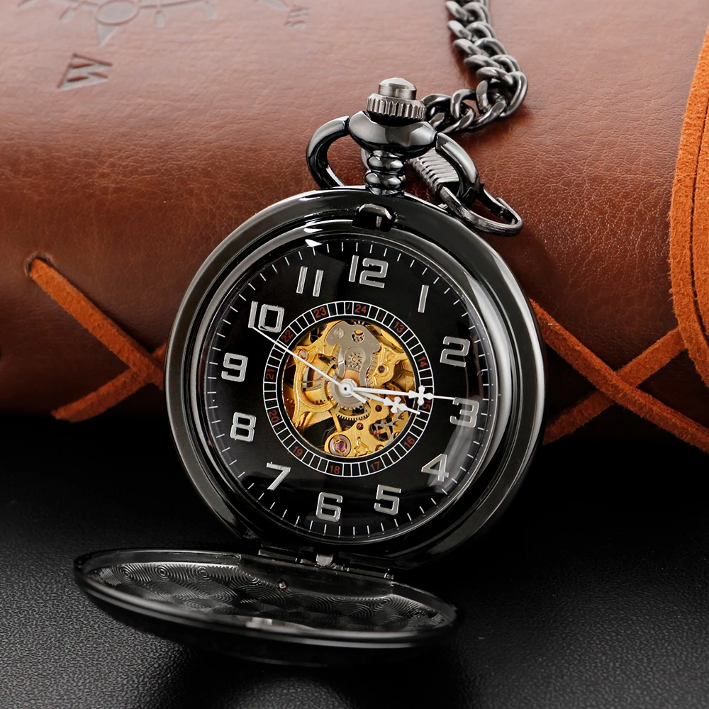 Black Steampunk Mechanical Manual Stringed Sculpture Pocket Watch Roman Digital Skull Dial Pendant Auto Antique Clock