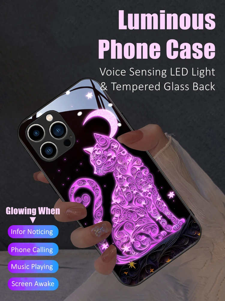 

Smart Cat LED Light Glowing Luminous Tempered Glass Back Phone Case for Samsung S21 S22 S23 Note 10 20 A14 A54 A73 Plus Ultra