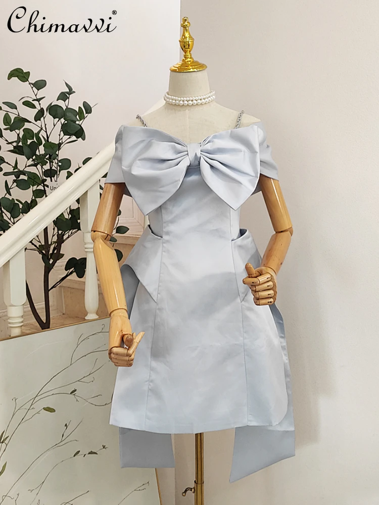 

Sweet Bowknot Diamond Beaded off-Neck Backless Dress Ladies 2022 Summer New Fashion Ruffles Dovetail Camisole Dress for Women