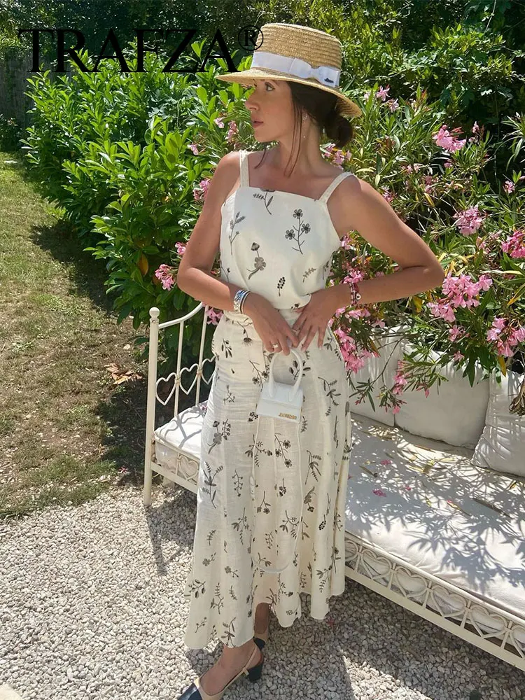 TRAFZA Women 2023 Summer Skirt Suits Printed Sleeveless Backless Crop Camis And Drawstring A-Line Skirt 2 Pieces Set For Women