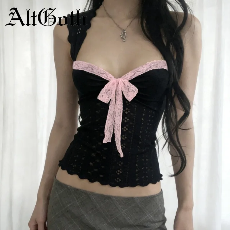 Фото Женский корсетный топ AltGoth Hotsweet Y2k в готическом стиле, милый, кавайный, в стиле E-girl, розовый, с кружевом, бантом и пэчворком, укороченный, для женщин №1