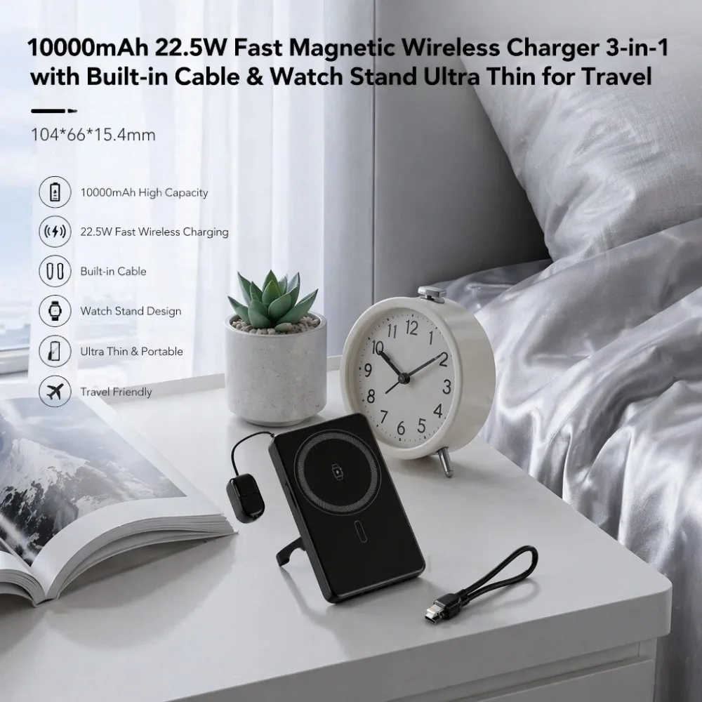 Магнитный Power Bank 20000 мАч, быстрая зарядка 22.5 Вт, беспроводное зарядное устройство 3-в-1 со встроенным кабелем, подставка для часов, ультратонкий, для путешествий (art.: 3920dbdb0cc76) - 3920dbdb0cc76
