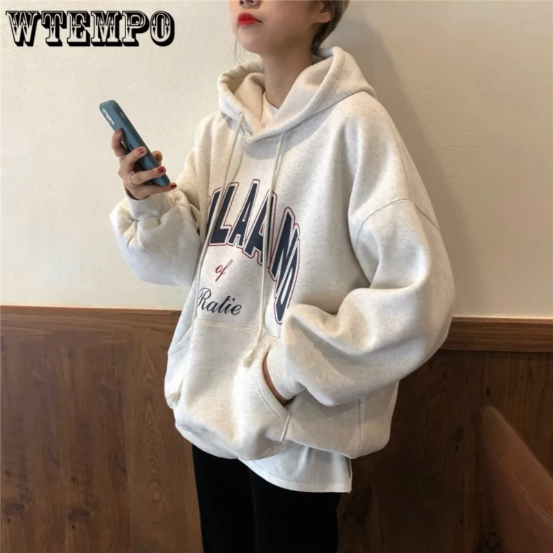 

Корейские модные толстовки для женщин, теплая флисовая серая толстовка с капюшоном, Женская свободная одежда с принтом для отдыха, топы с ка...