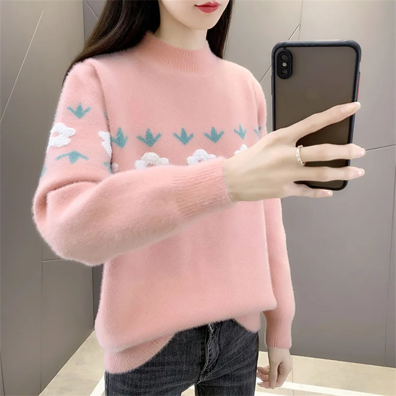Mink Cashmere Embroidery Half Turtleneck Knitted Sweater Women Student Pullover White Pink Green Long Sleeve Knit Tops Female