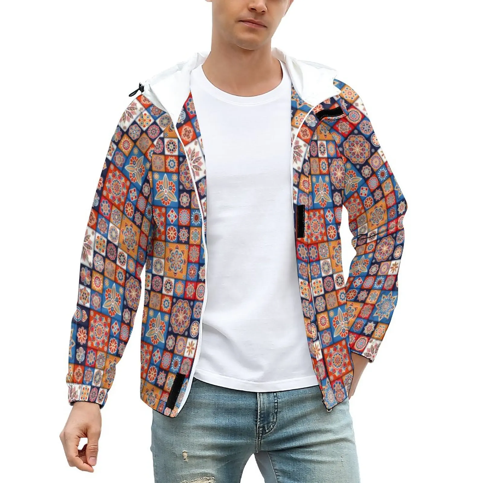 

Куртка мужская Лоскутная с цветочным принтом, повседневная Водонепроницаемая ветровка в стиле ретро, с принтом мандалы, зимняя уличная оде...