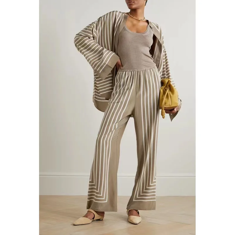 

2023 New Collection High Quality Silk Striped Loose Blouse and Wide Leg Pants Two Pieces Set Casual Style Women Clothes