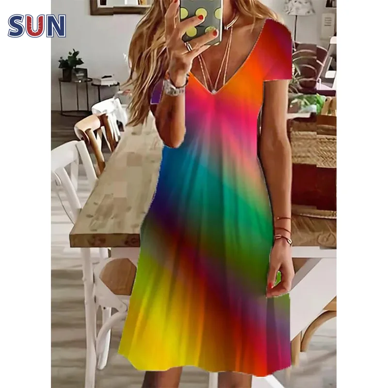 

Ladies Abstract Print Dress V Neck Short Sleeve Elegant Fashion Women Dress Knee Length New 2022 Summer Plus Size Holiday Dress