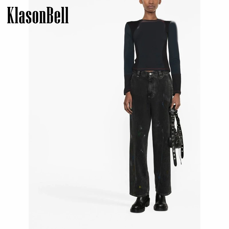 

2,4 KlasonBell граффити потертые черные прямые джинсы для женщин