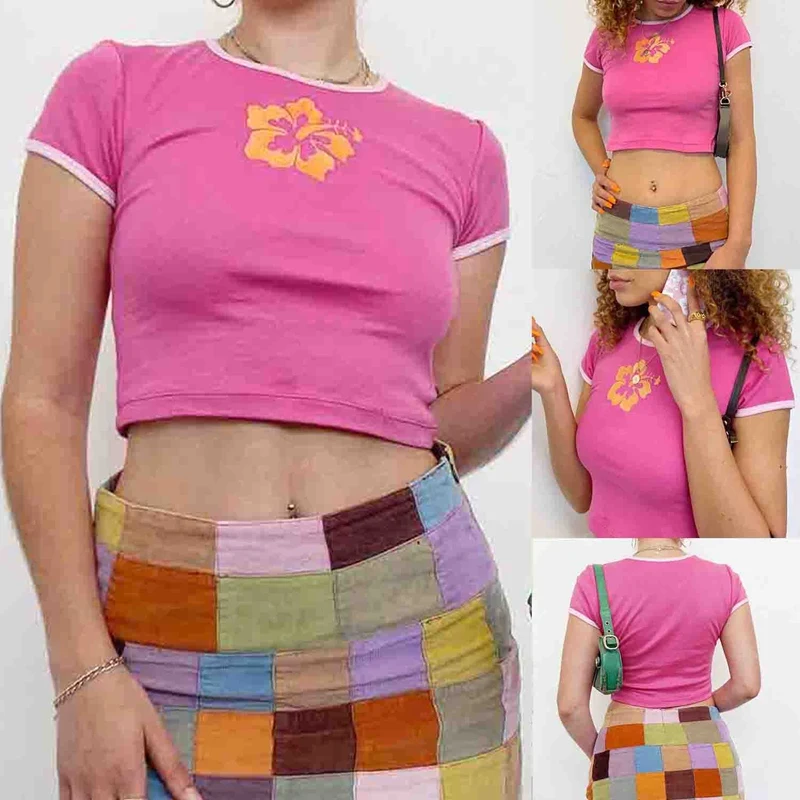 

Cute Cropped Baby Tee Y2K Fashion Floral Print Kawaii Streetwear Tops Contrast O Neck Short Sleeve Women T Shirts