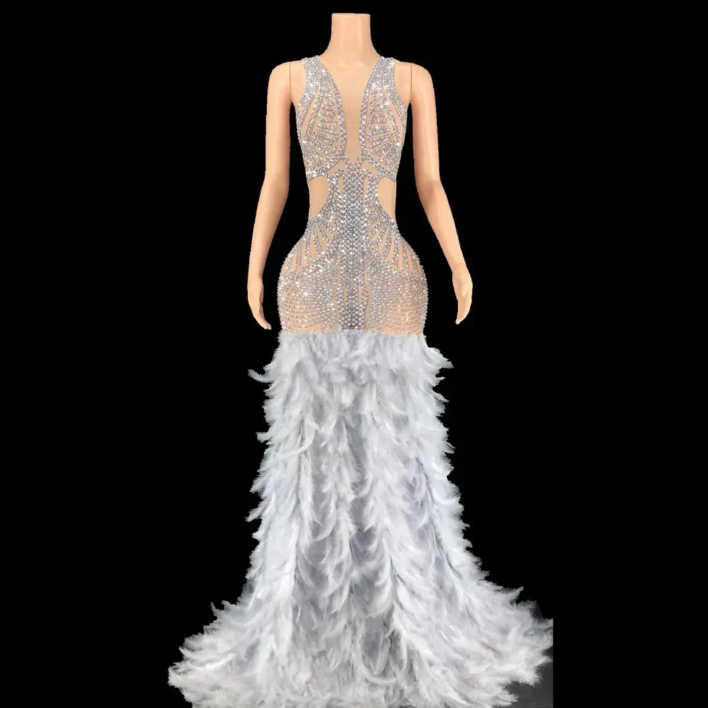 

Women Birthday Celebrate Evening Prom Gown Dress Luxurious Rhinestones Mesh Transparent Long Feathers Dress Singer Show Wear