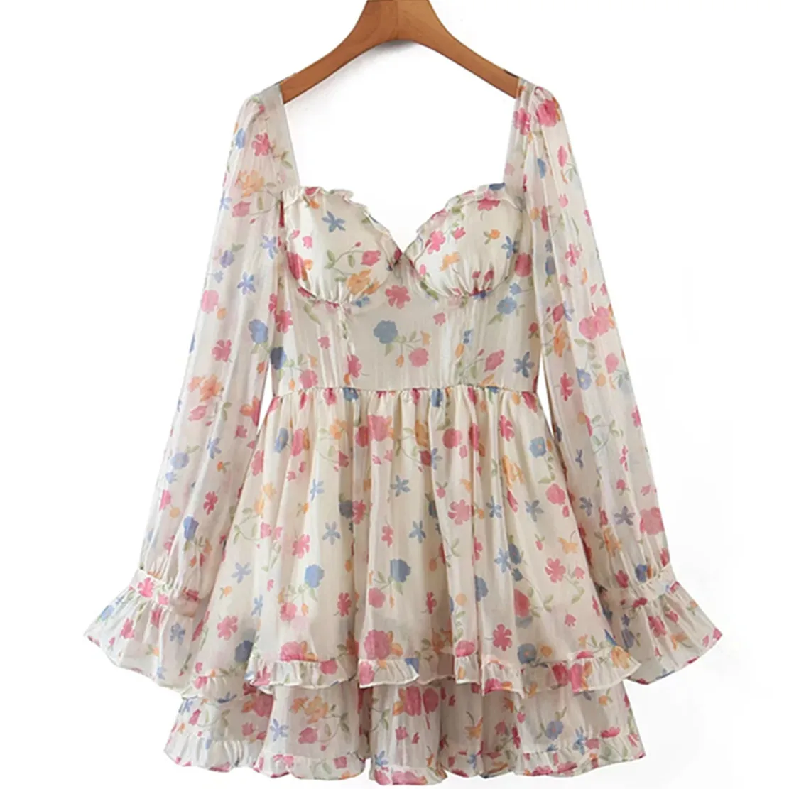 

Withered 2023 Bohemian Style Vintage Floral Print Square Collar French Style Holiday Fashion Casual Dress Women Tops