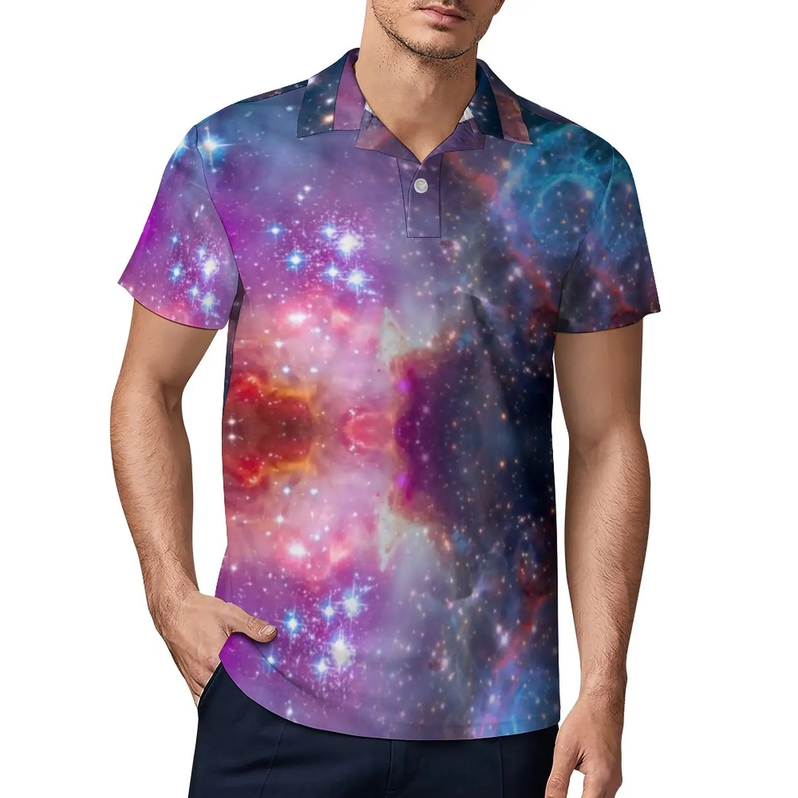 

Красочная рубашка-поло Galaxy, Повседневная рубашка с яркими звездами ночного неба, летние модные футболки, рубашки-поло с коротким рукавом и о...