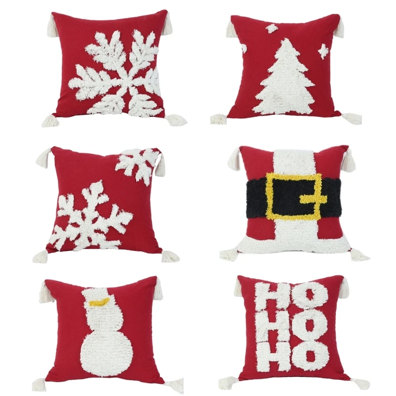 

Christmas Tufed Pillow Cover with Tassel Visual Zipper Reusable Protector Covers