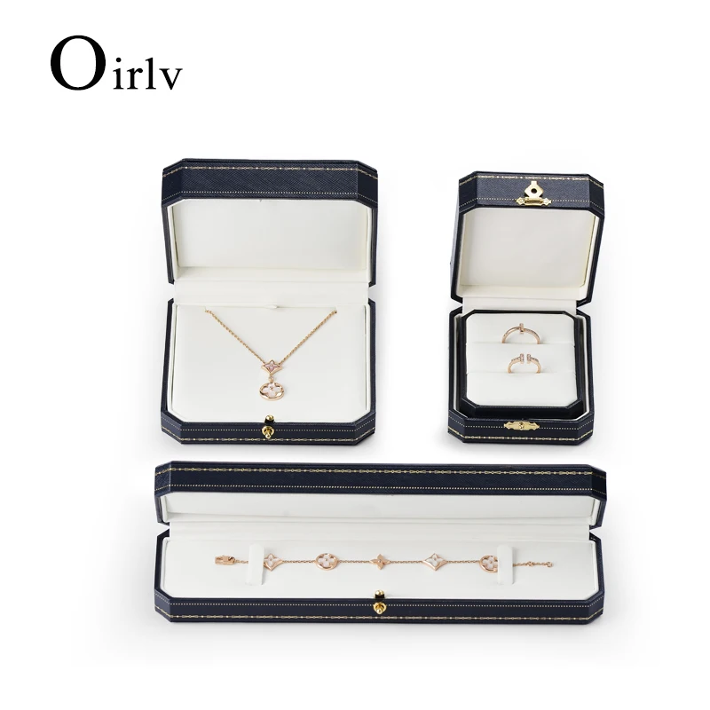 Oirlv Vintage Jewelry Box PU Leather Octagonal Snap Closure Vintage Jewelry Boxes Original Design Royal Blue 2 Rings Box Jewelry