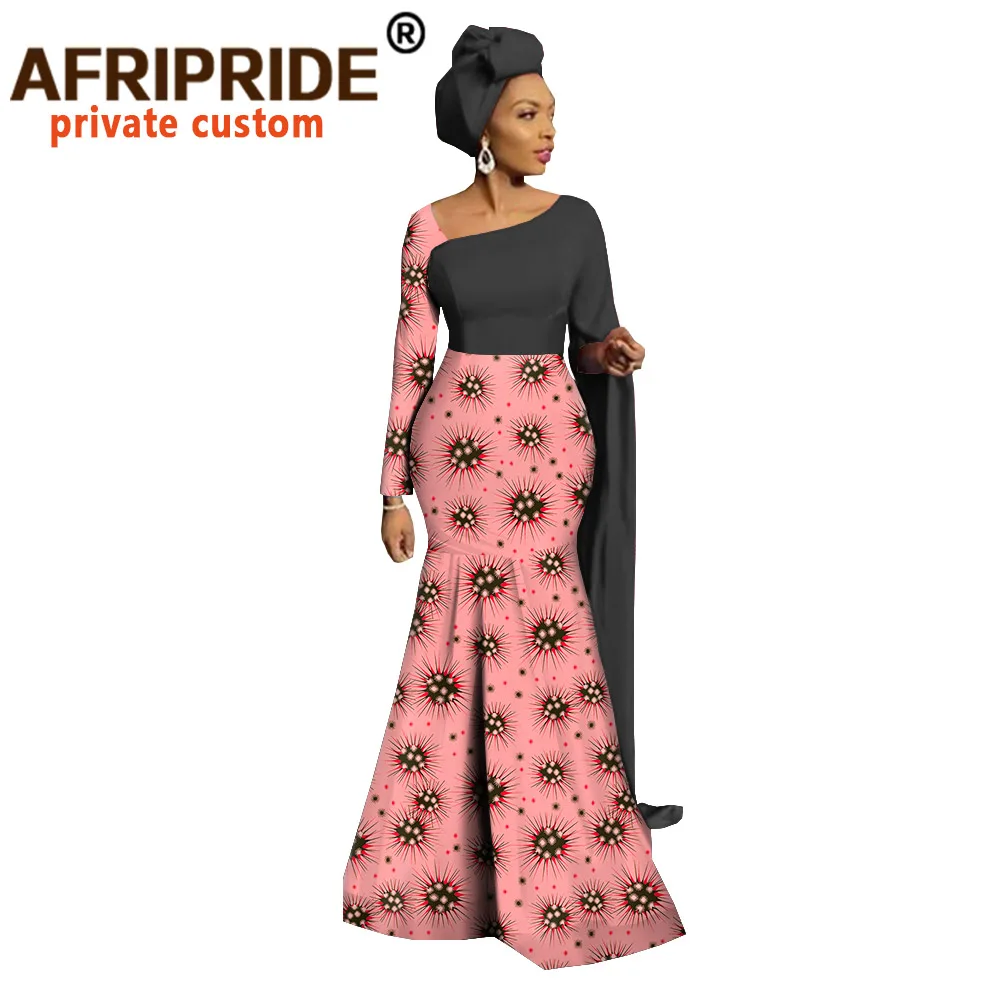 Afripride African Print Maxi Dress for Women Tailor Made Floor Length Women Trumpet Cotton Dress with Headwrap A2025001