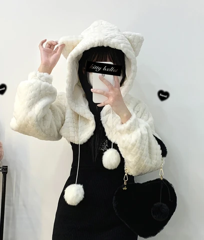 Японская Мина, Плюшевые короткие куртки для женщин, Милая Сексуальная куртка с капюшоном для девушек, Y2K Kawaii, зимняя одежда для женщин