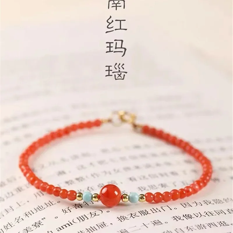 Женские браслеты с бусинами AngLang тонкие из натурального красного агата и бирюзы 3