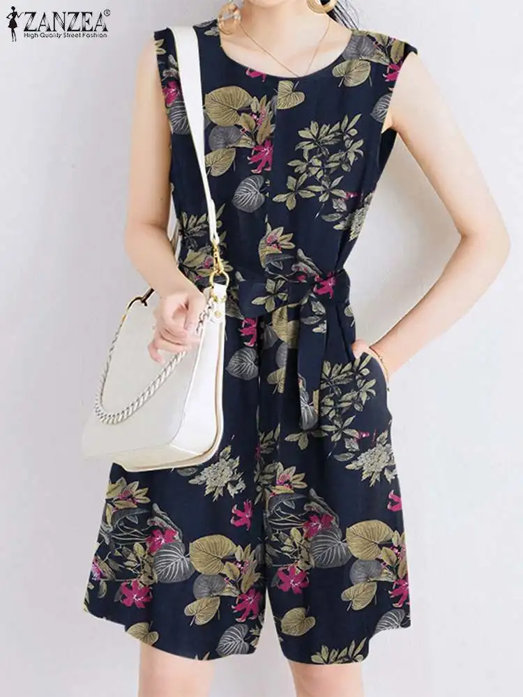 

ZANZEA 2022 Women Printed Jumpsuits Kaftan Summer Overalls Casual Sleeveless Zipper Playsuits Female Floral Rompers Oversized