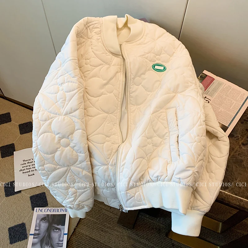 

Women's Winter Jacket 2022 New Retro Thick Padded Jacket V-neck Baseball Uniform Coats Female Puffer Jacket Loose White Coat Y2K