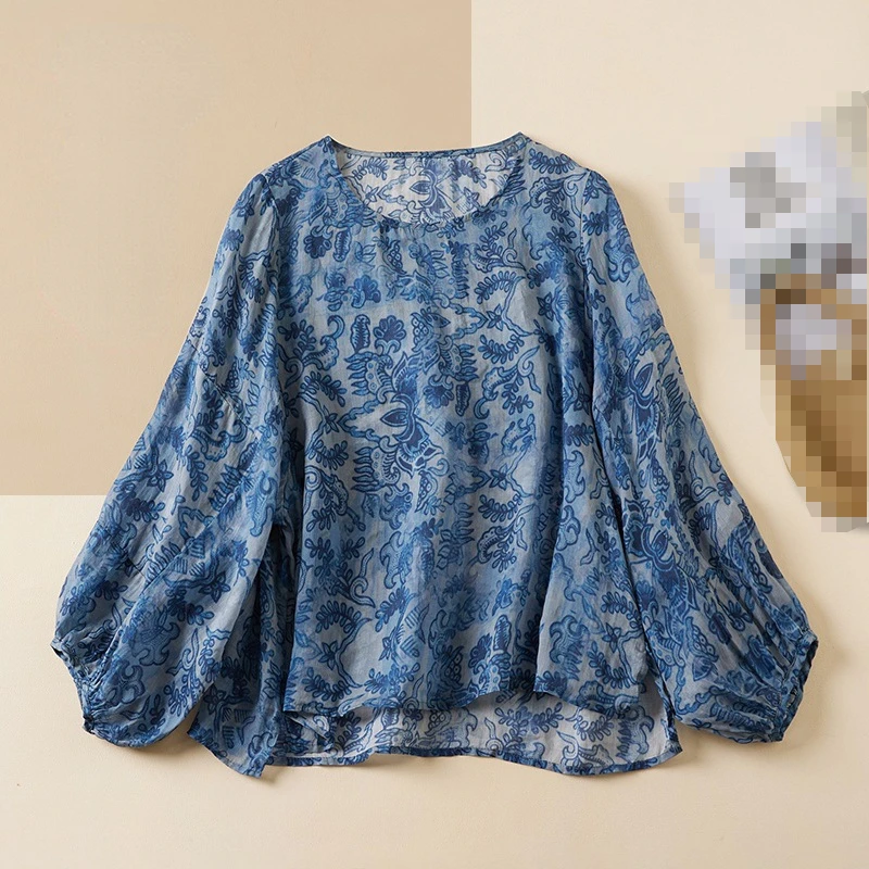 

New Summer Fashion Woman Blouse 2023 Printed Round Neck Lantern Sleeve Leisure Fold Shirts and Blouses for Women