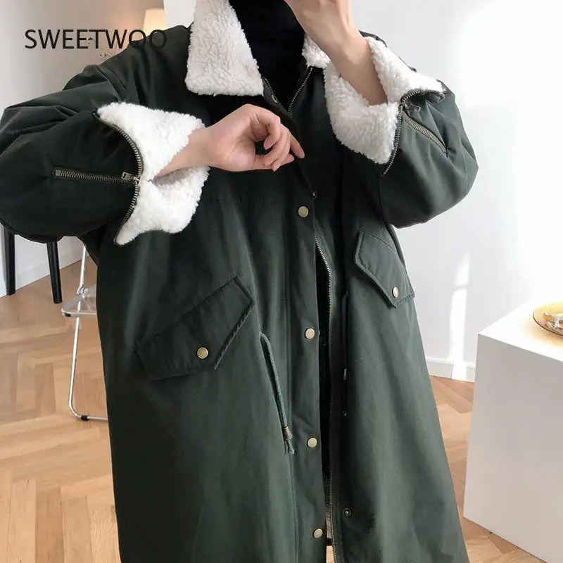 Women Winter Lamb Wool Coat Fur Collar Long-Sleeved Long Section Over The Knee Loose Casual Solid Color Fashion Coat Slim Tide