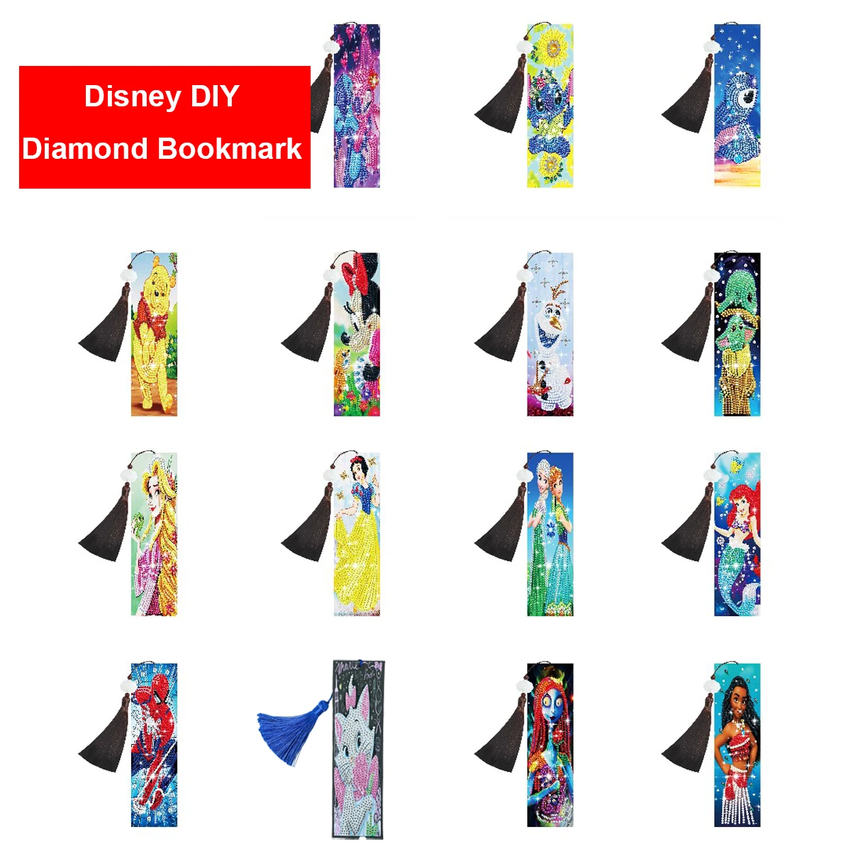 Disney DIY Diamond Bookmark Spiderman Winnie Princess Mickey Stitch Mermaid Pattern Embroidery Bookmark Book Painting Decor
