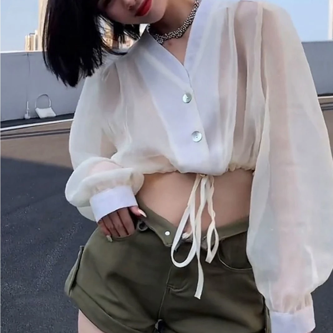 

Perspective Women Stand Up Collar Sun Protection Mesh Stitching Cardigan Thin Gauze Shirts Single-breasted Blouse Chiffon Tops