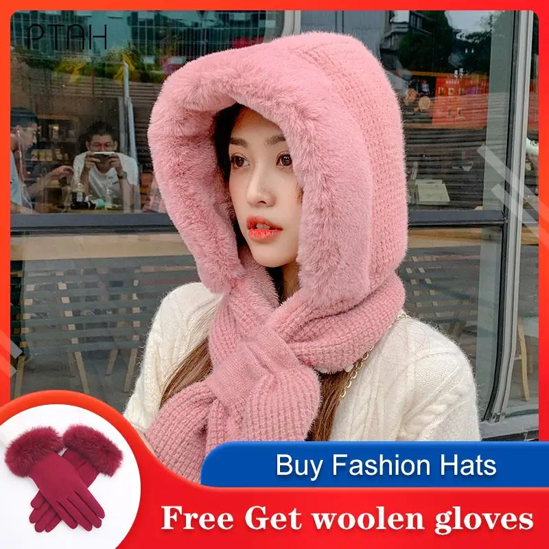 

[PTAH] Knitted Hat Women Winter Bomber Hat For Ladies Pure Color Outdoor Girls Cute Cap Female Winter Warm Softer Hats Scarves