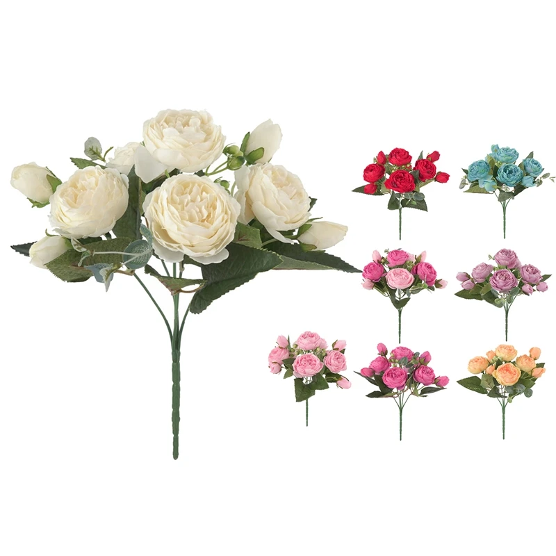 

Artificial Peony Flowers Bouquet Fake Flowers Holding Flowers For Wedding Bridal Home Decoration, 5 Forks, 9 Heads