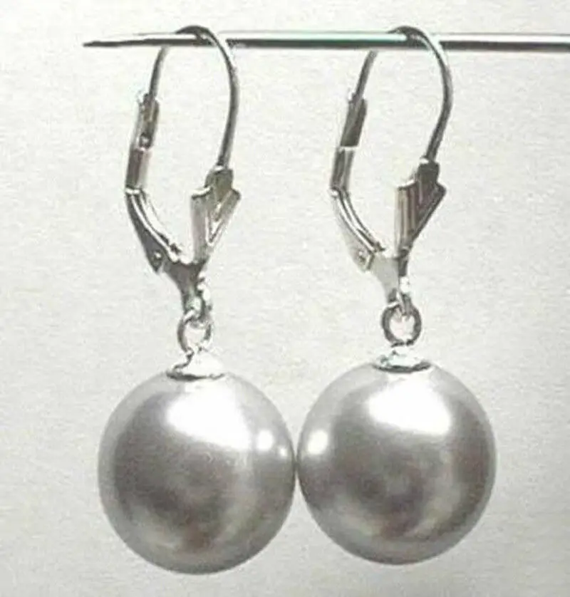 

12MM Gray South Sea Shell Pearl Round Beads Hook Dangle Earrings AAA+