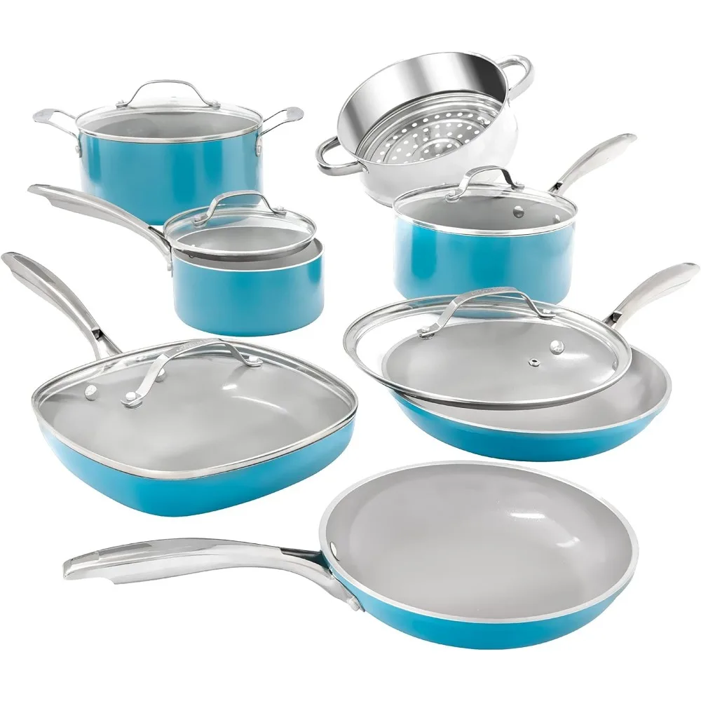 

Gotham Steel Aqua Blue Pots and Pans Set, 12 Piece Nonstick Ceramic Cookware, Includes Frying Pans, Stockpots & Saucepans, Stay