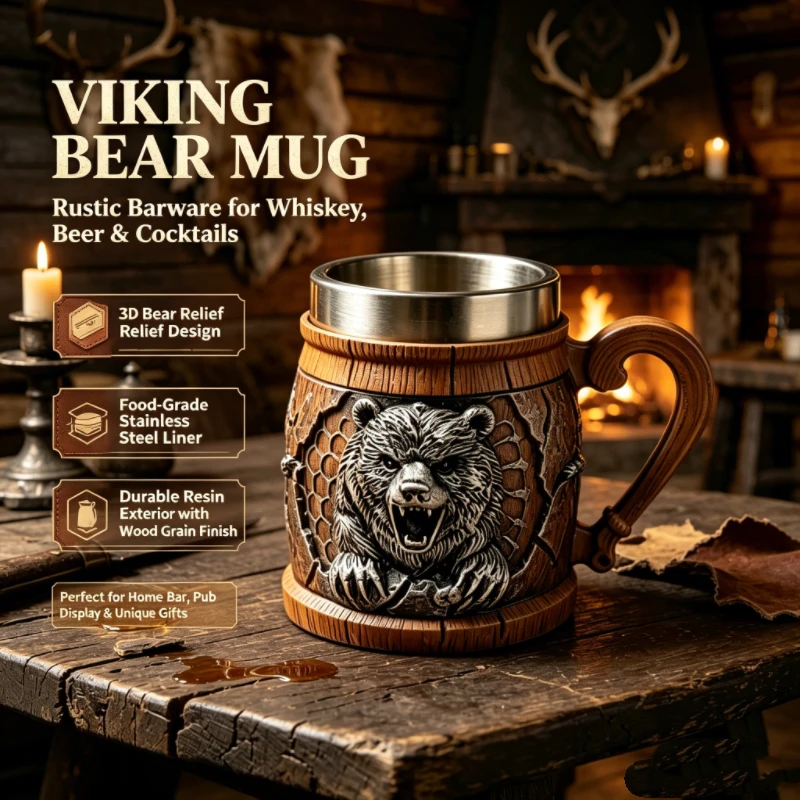 Фото Кружка для пива Viking Wild Bear: резиновая, с тиснением, деревянной изогнутой ручкой, внутренней колбой из нержавеющей стали. Идеально для бара, коктейлей, виски. Отличный подарок на день рождения. №1