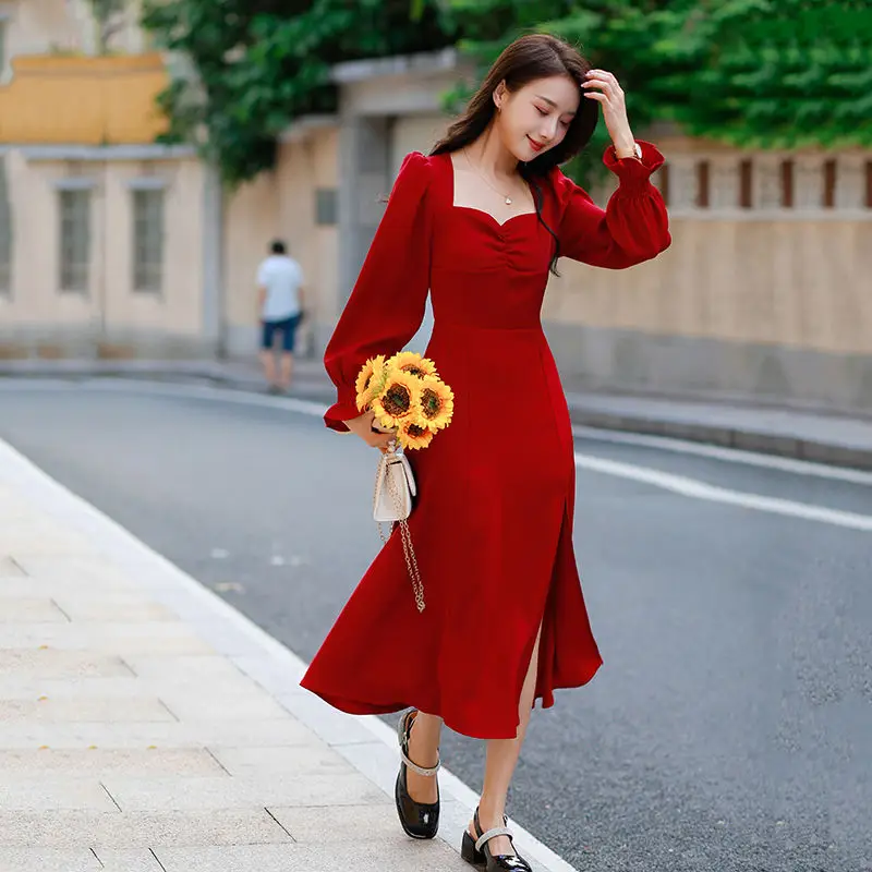 

Новинка 2023, женское винно-красное платье в китайском стиле ретро, весна-лето, для отдыха, с длинным рукавом и квадратным вырезом, сексуальное вечернее платье, женское
