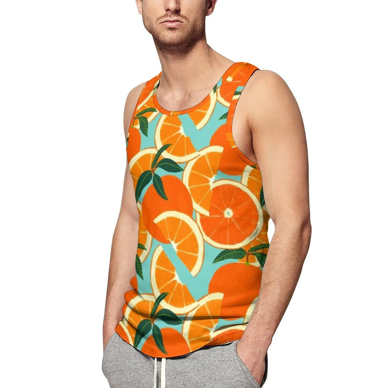 

Oranges Harvest Tank Top Males Fruit Green Leaf Print Bodybuilding Oversized Tops Summer Fashion Printed Sleeveless Vests