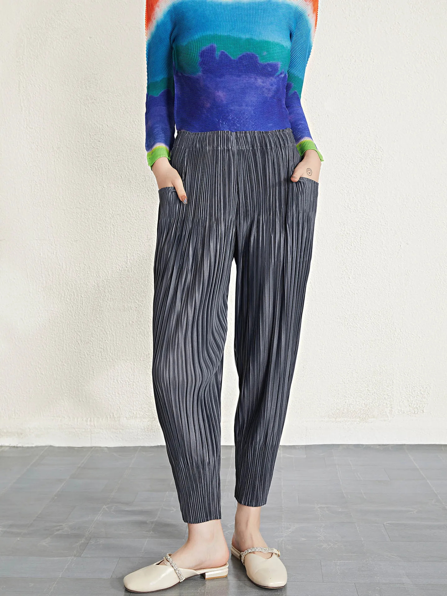 

Брюки со складками и редисом, женские тонкие узкие модные повседневные брюки-султанки с высокой талией