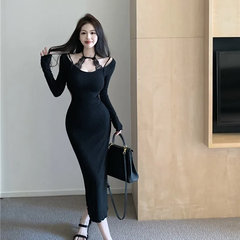 Облегающий талию сексуальный кружевной топ с подвесным воротником элегантная