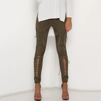 lace up cut out fashion trousers for women new suede leather pencil pants sexy bandage legging pants hollow out womens pants