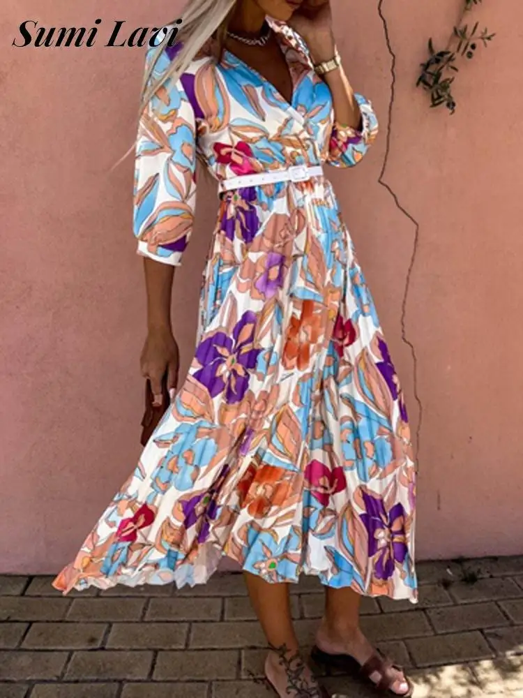 

New Vintage Grace Pleated Big Hem A-Line Dress Summer Floral Print Waist Midi Dress Bohemia Women V Neck Half Sleeves Long Dress