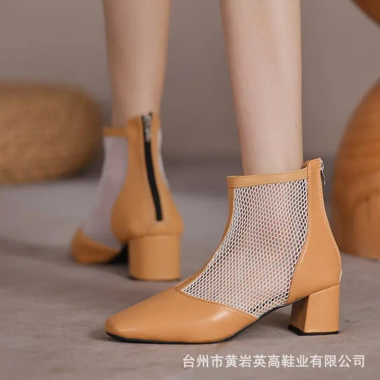 

Square toe thick heel mesh boots women's 2022 spring new cool boots fashion hollow back zippershortbootshigh-heeled simple boots