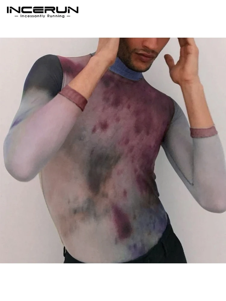 

Casual Fashion Men Gradient Mesh Thin Camiseta Sexy Leisure Male Tees High Neck Printing Long Sleeve T-Shirts INCERUN Tops 2022
