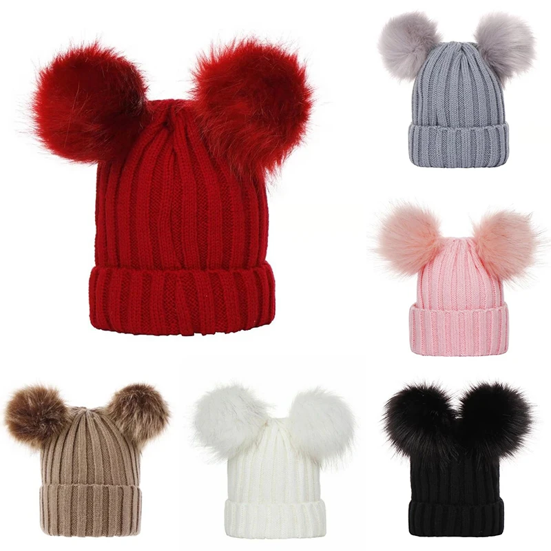 

Double Fur Pom pom Beanie Hats Mom-kids Warm Knitted Winter Hat Baby Beanies Cap Thicken crochet Women Skullies Beanies