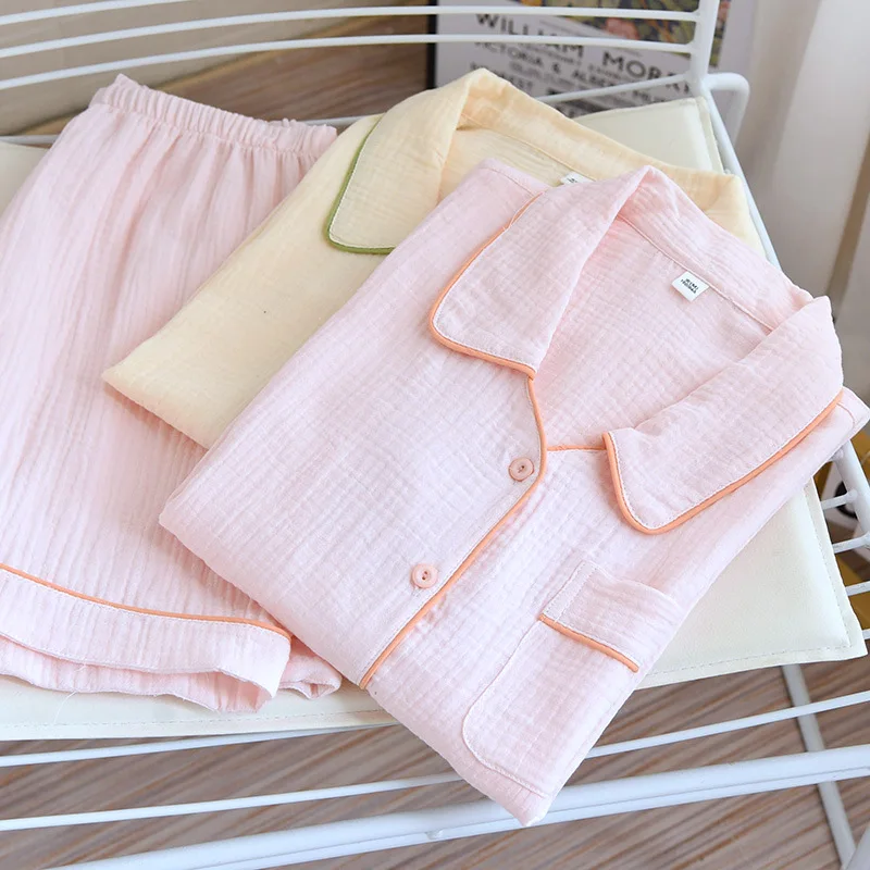 Summer Pajamas Women's Thin Cotton Gauze Solid Color Home Service Turn-down Collar Short-sleeved Shorts Simple Loungewear