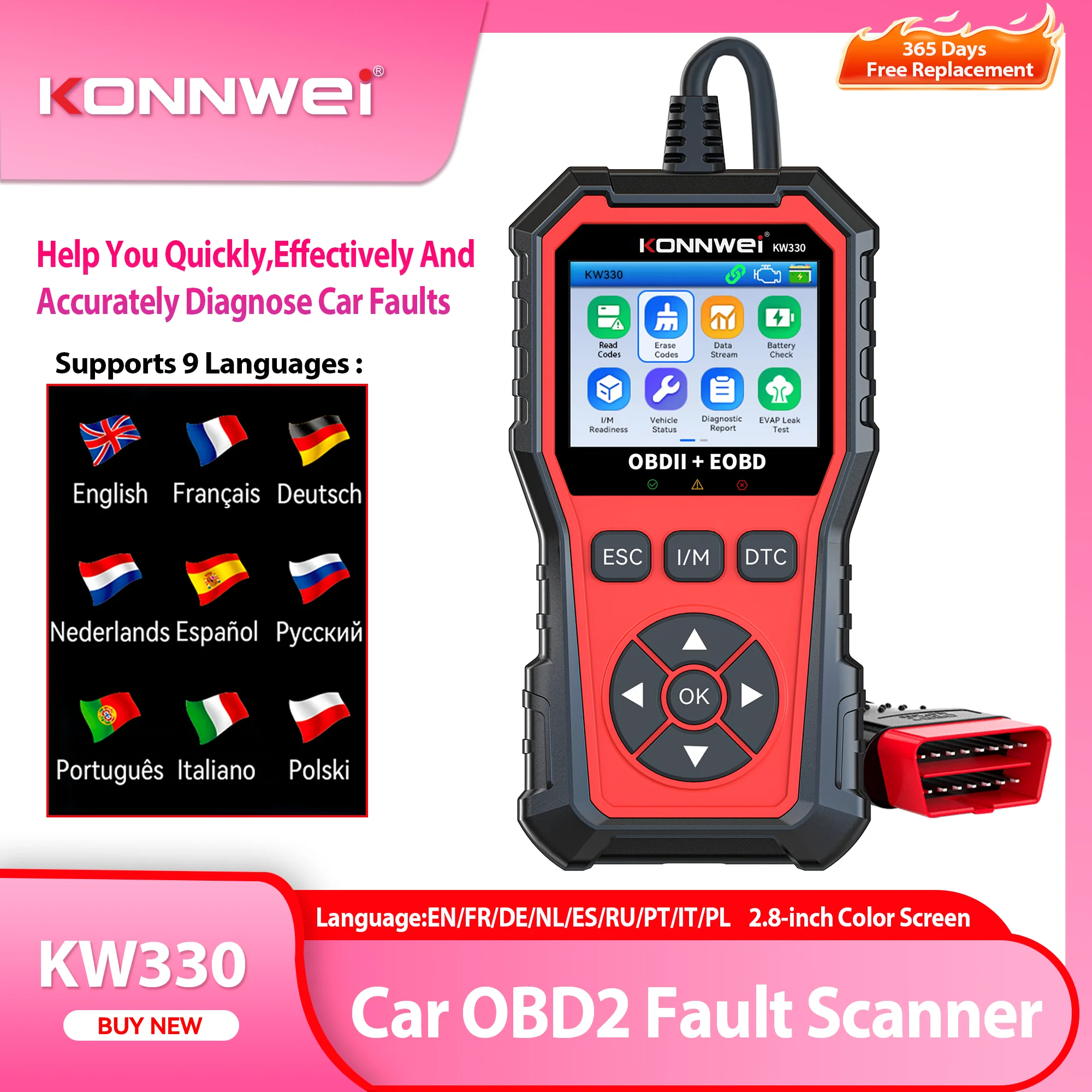Фото 2026 KONNWEI KW330 Сканер неисправностей автомобиля с полными функциями OBD2, Тест двигателя и аккумулятора, Чтение и стирание кодов неисправностей, Данные в реальном времени, Тест датчика O2 №1
