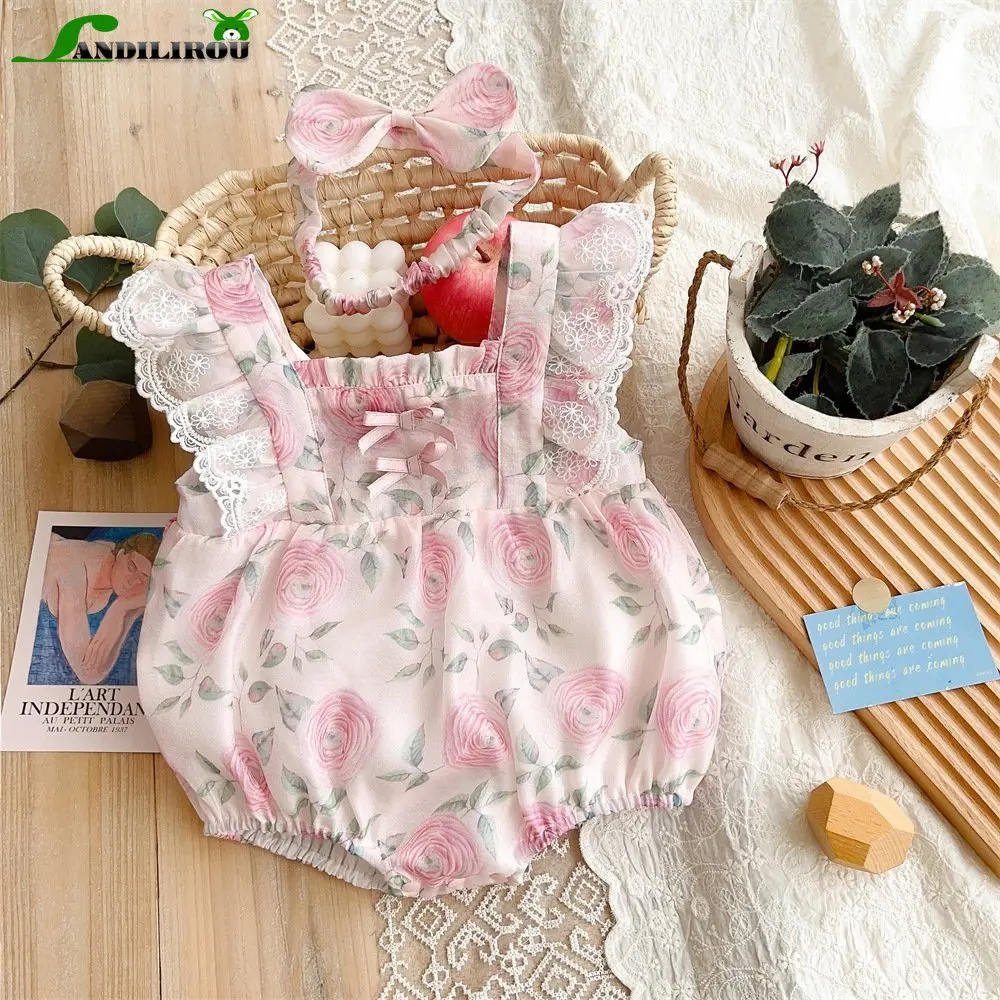 

Bodysuits Gift Headbans Newborn Baby Girls Lace Fly Sleeve Flower Print Bow One-Piece Jumpsuit - Special Occasions Infant Kids