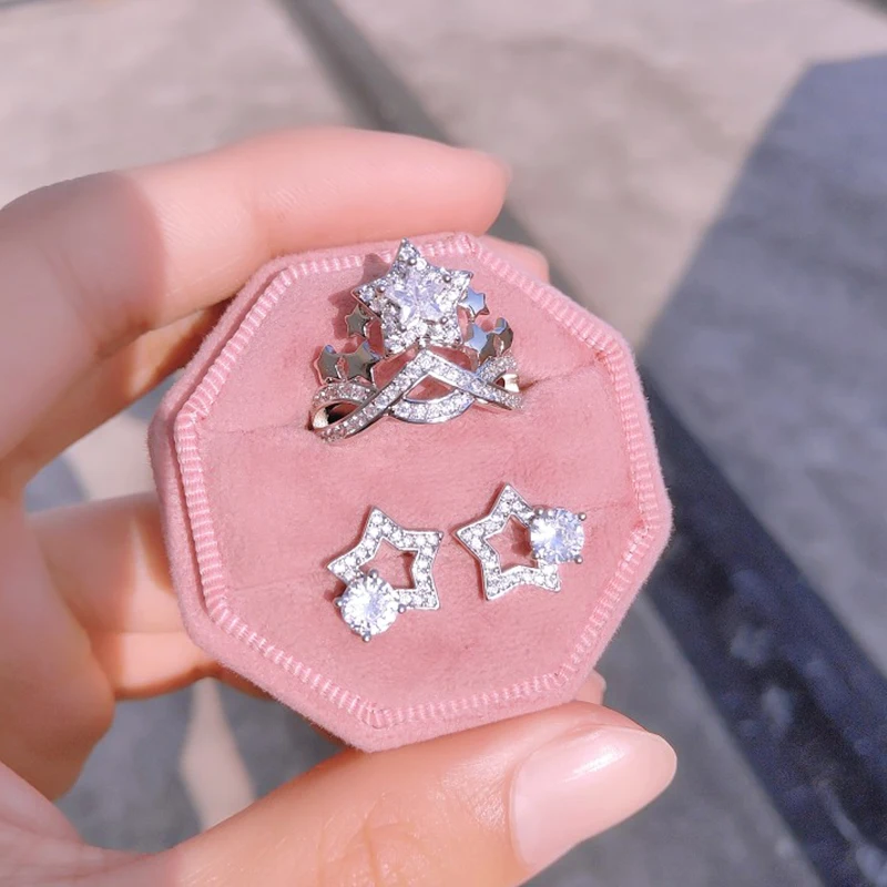 

Uilz Luxury Fashion Five-pointed Star Rings Earrings Set for Women Silver Color Wedding Ring Earring Sets Bride Gift Jewlery